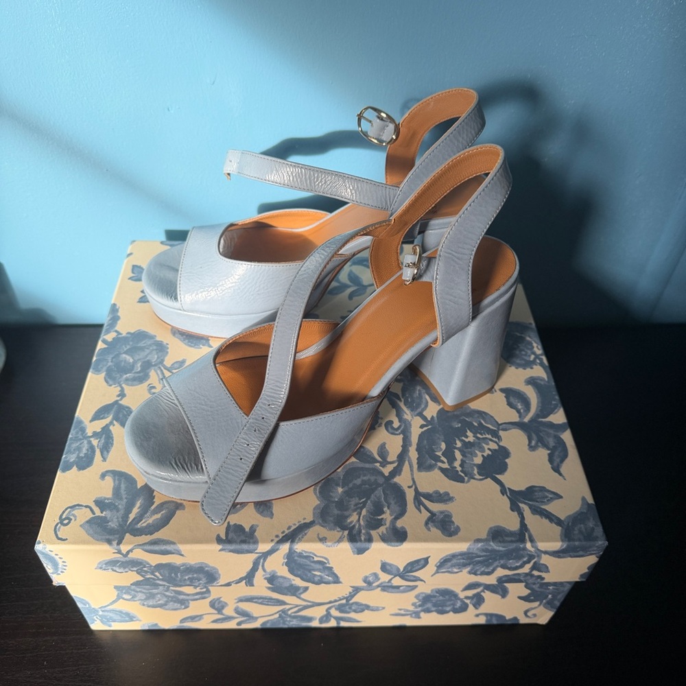 Sezane Ginnie Platform Sandals Blue Leather Size 6.5